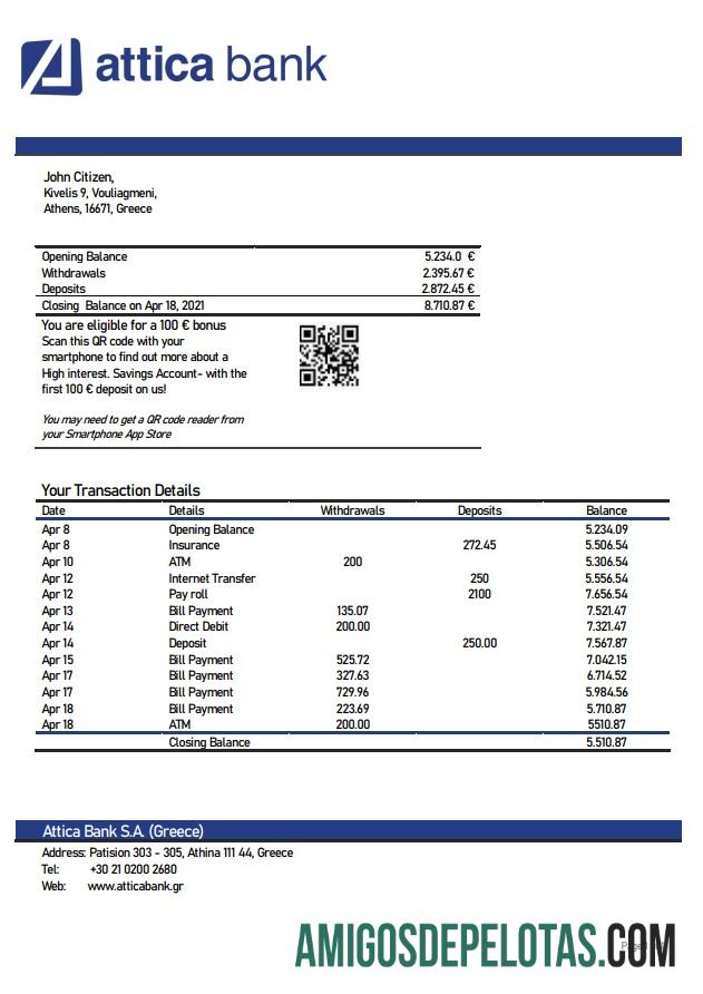 Exemplo de extrato bancário da Grécia Ática